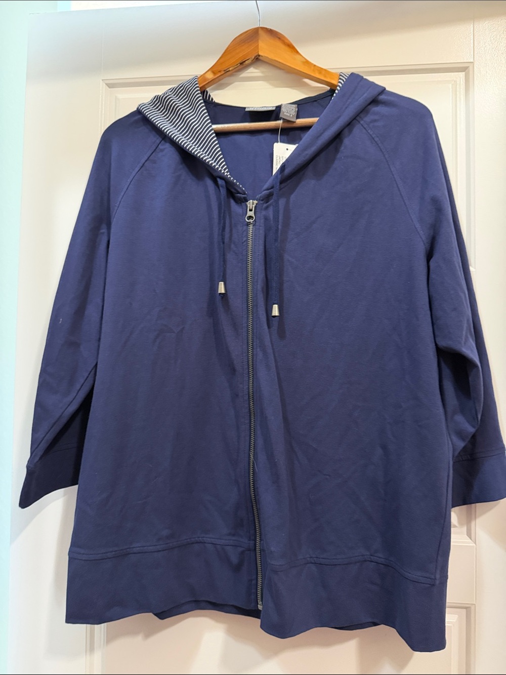 Chico's Navy Zip-Front Hooded Jacket with Striped Lining